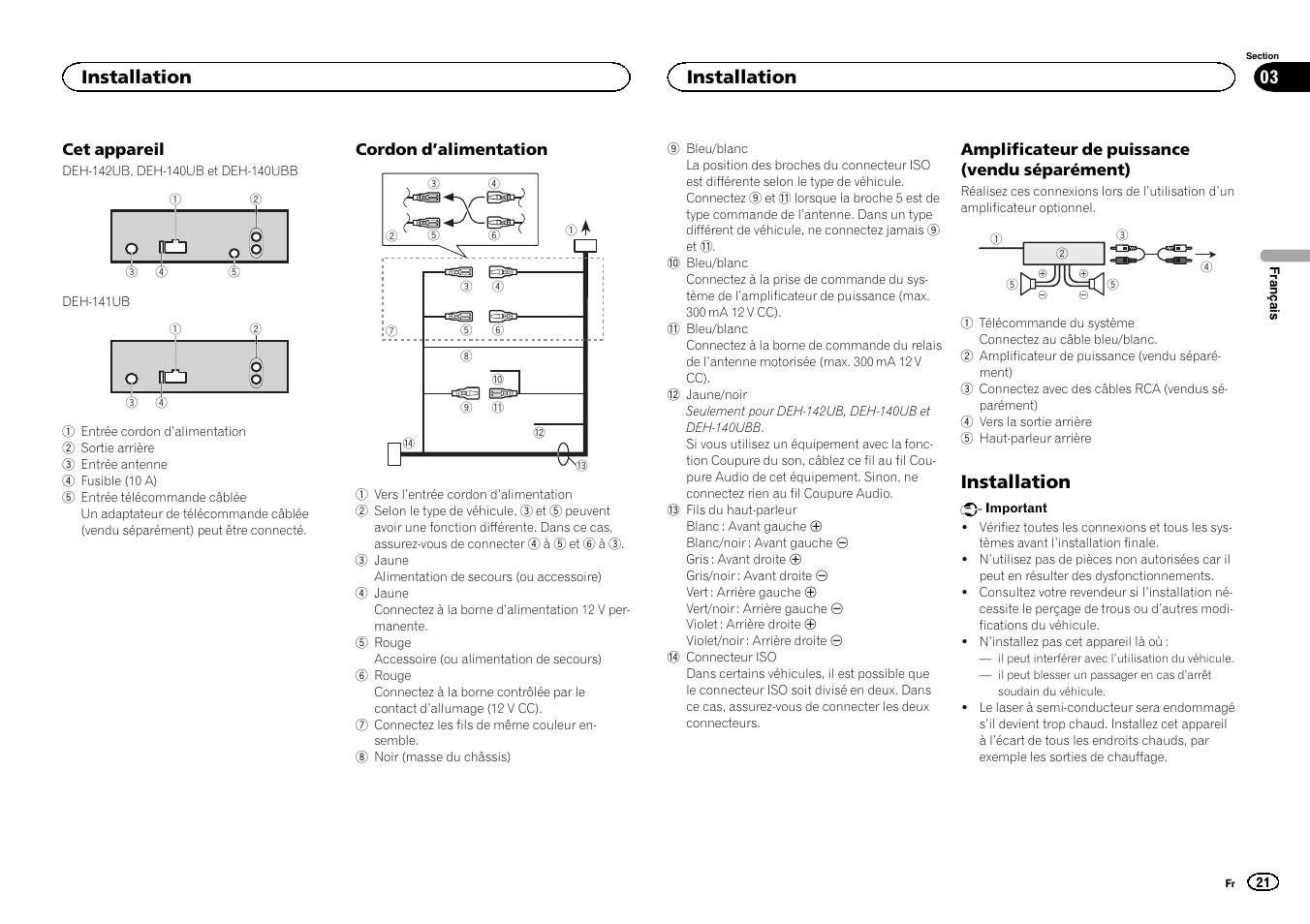 Installation | Pioneer DEH-141UB User Manual | Page 21 / 100
