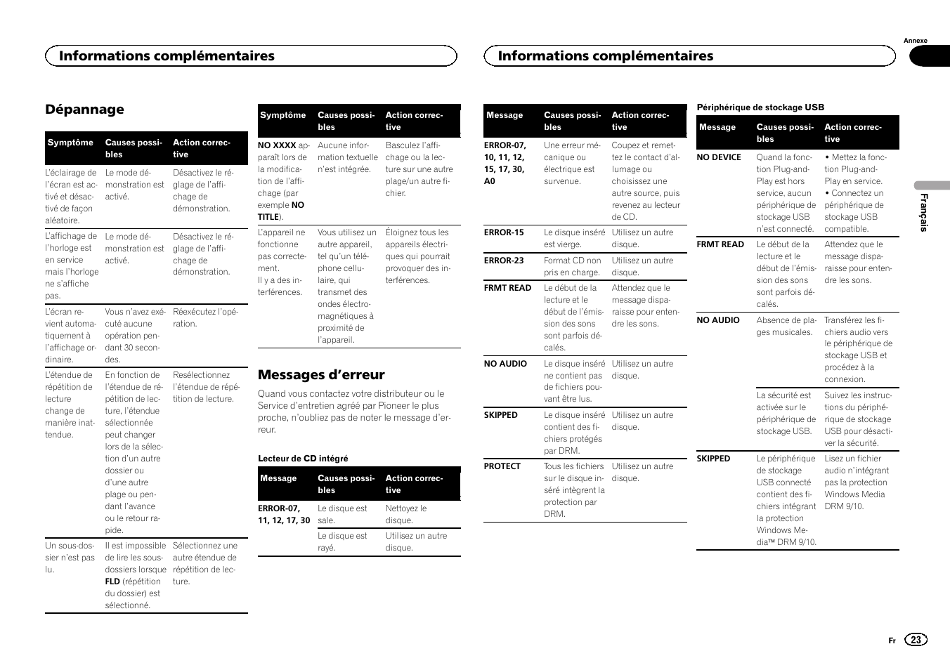 Dépannage, Messages d ’erreur, Informations complémentaires | Pioneer DEH-141UB User Manual | Page 23 / 100