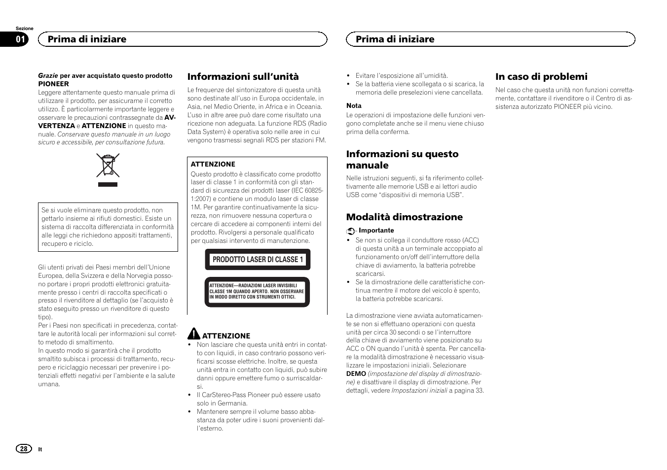 Informazioni sull ’unità, Informazioni su questo manuale, Modalità dimostrazione | Prima di iniziare | Pioneer DEH-141UB User Manual | Page 28 / 100