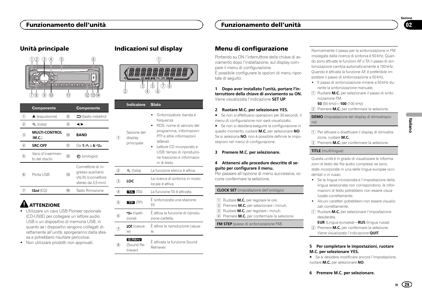 Unità principale, Indicazioni sul display, Menu di configurazione | Funzionamento dell ’unità | Pioneer DEH-141UB User Manual | Page 29 / 100
