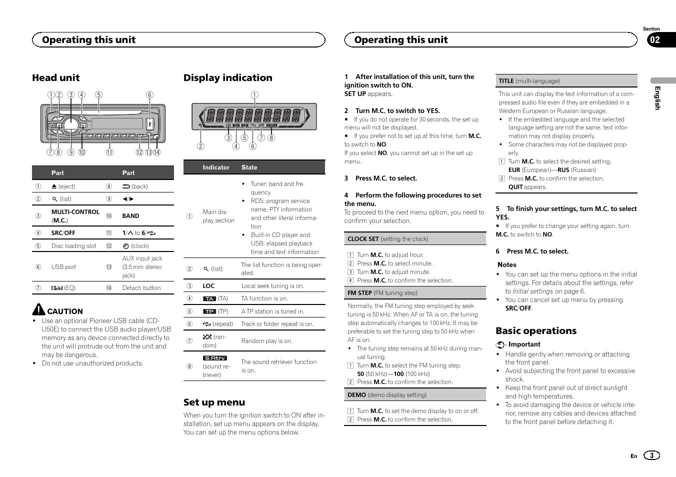 Head unit, Display indication, Set up menu | Basic operations, Operating this unit | Pioneer DEH-141UB User Manual | Page 3 / 100