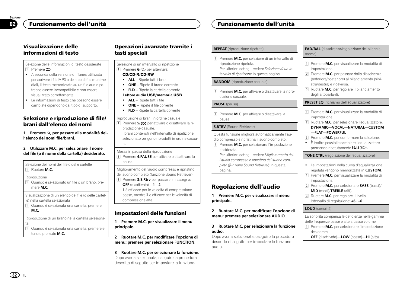 Regolazione dell ’audio, Funzionamento dell ’unità | Pioneer DEH-141UB User Manual | Page 32 / 100