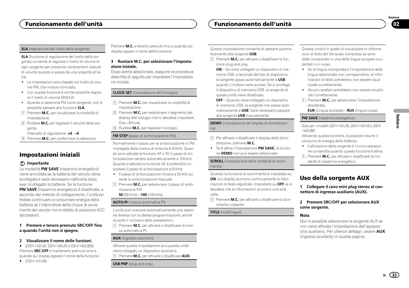 Impostazioni iniziali, Uso della sorgente aux, Funzionamento dell ’unità | Pioneer DEH-141UB User Manual | Page 33 / 100