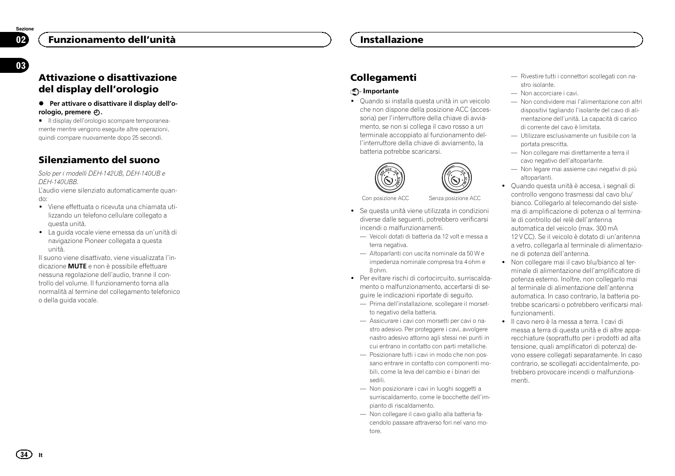 Silenziamento del suono, Collegamenti, Funzionamento dell ’unità | Installazione | Pioneer DEH-141UB User Manual | Page 34 / 100