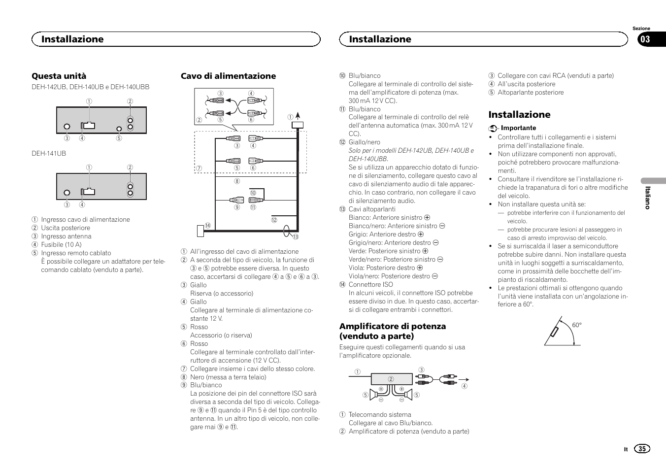 Installazione | Pioneer DEH-141UB User Manual | Page 35 / 100