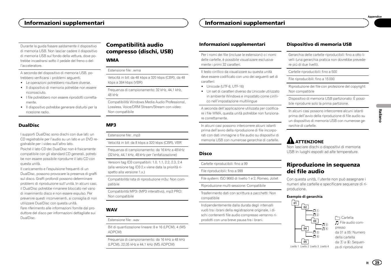 Compatibilità audio compresso (dischi, usb), Riproduzione in sequenza dei file audio, Informazioni supplementari | Pioneer DEH-141UB User Manual | Page 39 / 100