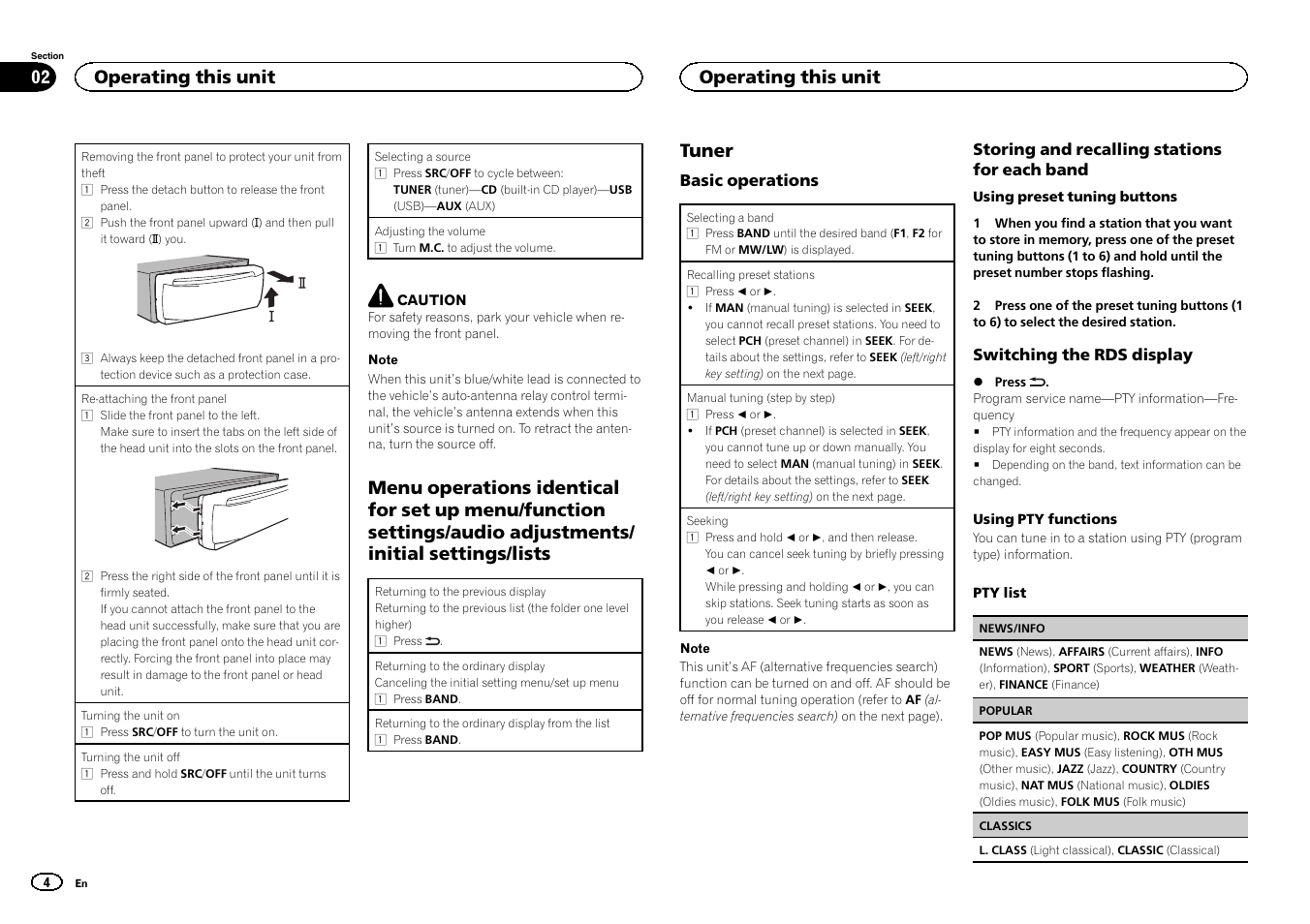 Tuner, Operating this unit | Pioneer DEH-141UB User Manual | Page 4 / 100