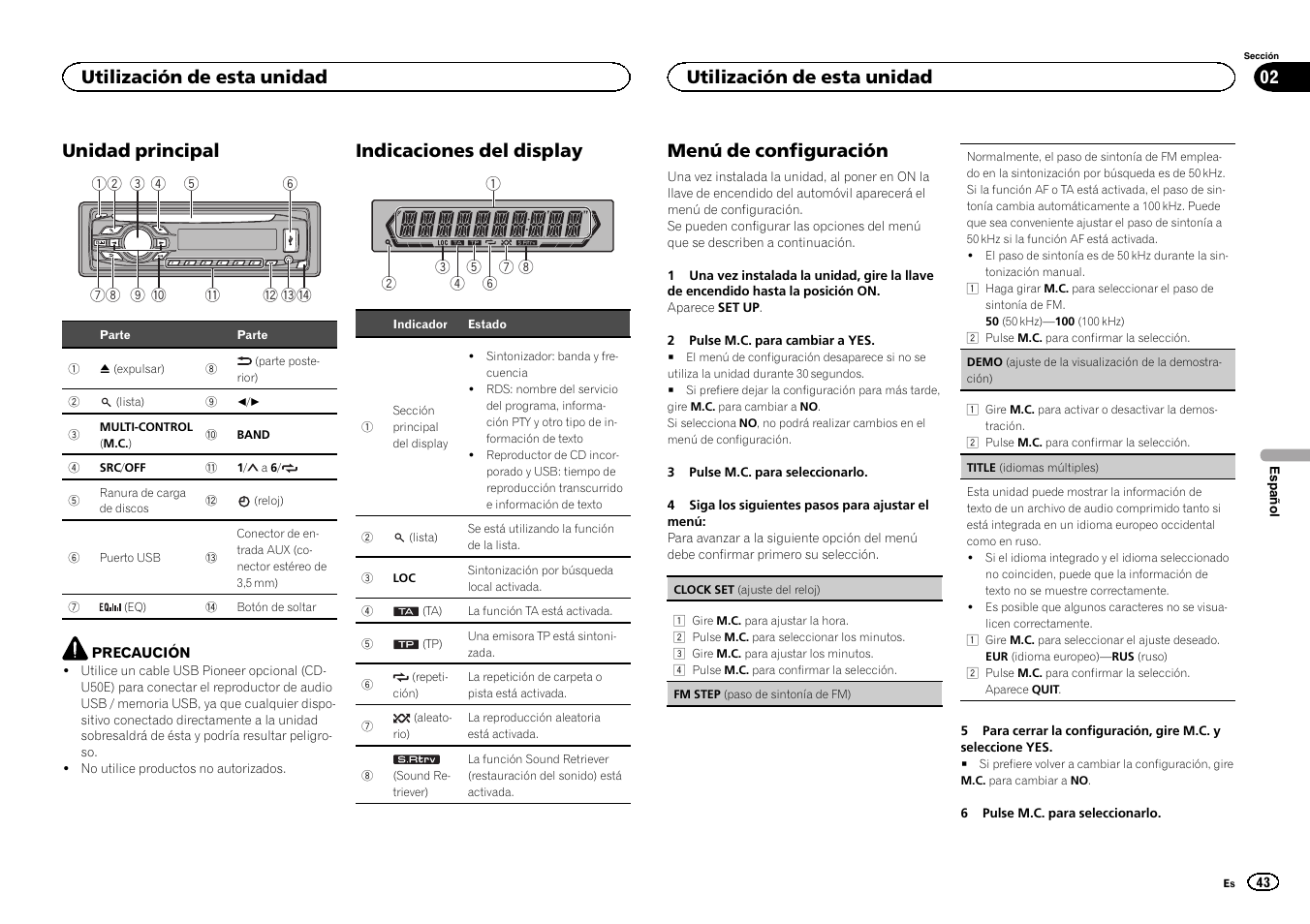 Unidad principal, Indicaciones del display, Menú de configuración | Utilización de esta unidad | Pioneer DEH-141UB User Manual | Page 43 / 100