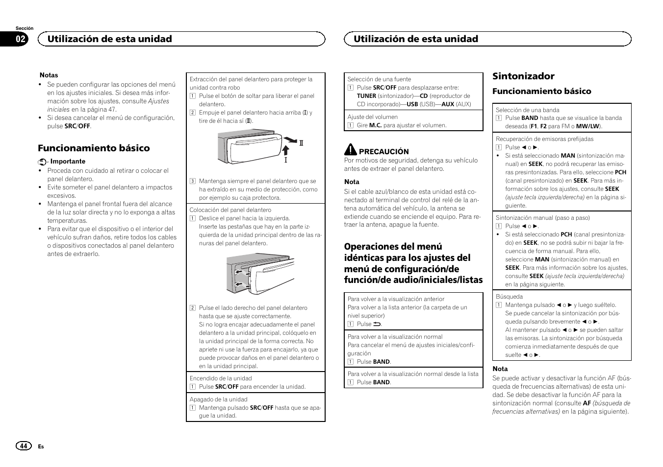 Funcionamiento básico, Sintonizador, Utilización de esta unidad | Pioneer DEH-141UB User Manual | Page 44 / 100