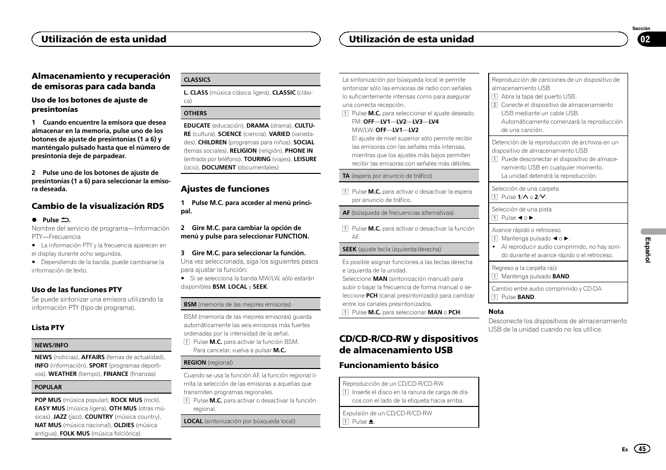 Seek, Seek (ajuste tecla izquierda/derecha), Af (búsqueda de | Cd/cd-r/cd-rw y dispositivos de almacenamiento usb, Utilización de esta unidad | Pioneer DEH-141UB User Manual | Page 45 / 100