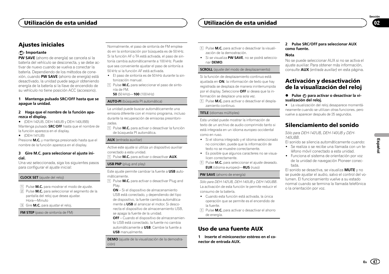 Ajustes iniciales, Uso de una fuente aux, Silenciamiento del sonido | Utilización de esta unidad | Pioneer DEH-141UB User Manual | Page 47 / 100