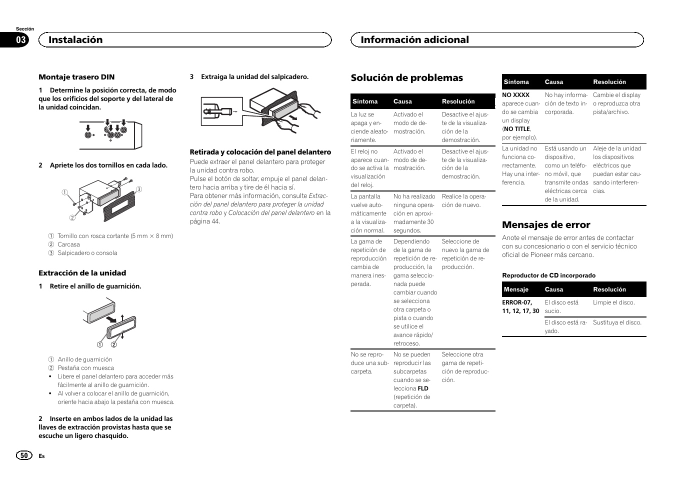 Solución de problemas, Mensajes de error, Instalación | Información adicional | Pioneer DEH-141UB User Manual | Page 50 / 100