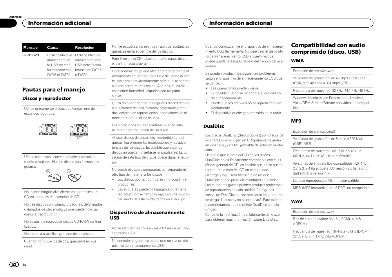Pautas para el manejo, Compatibilidad con audio comprimido (disco, usb), Información adicional | Pioneer DEH-141UB User Manual | Page 52 / 100