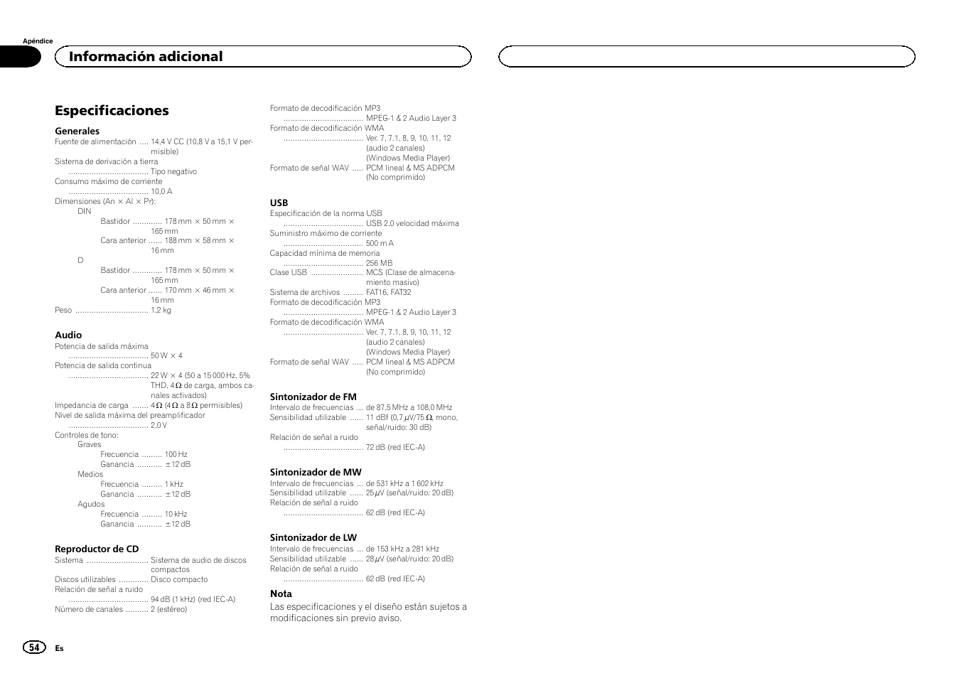 Especificaciones, Información adicional | Pioneer DEH-141UB User Manual | Page 54 / 100