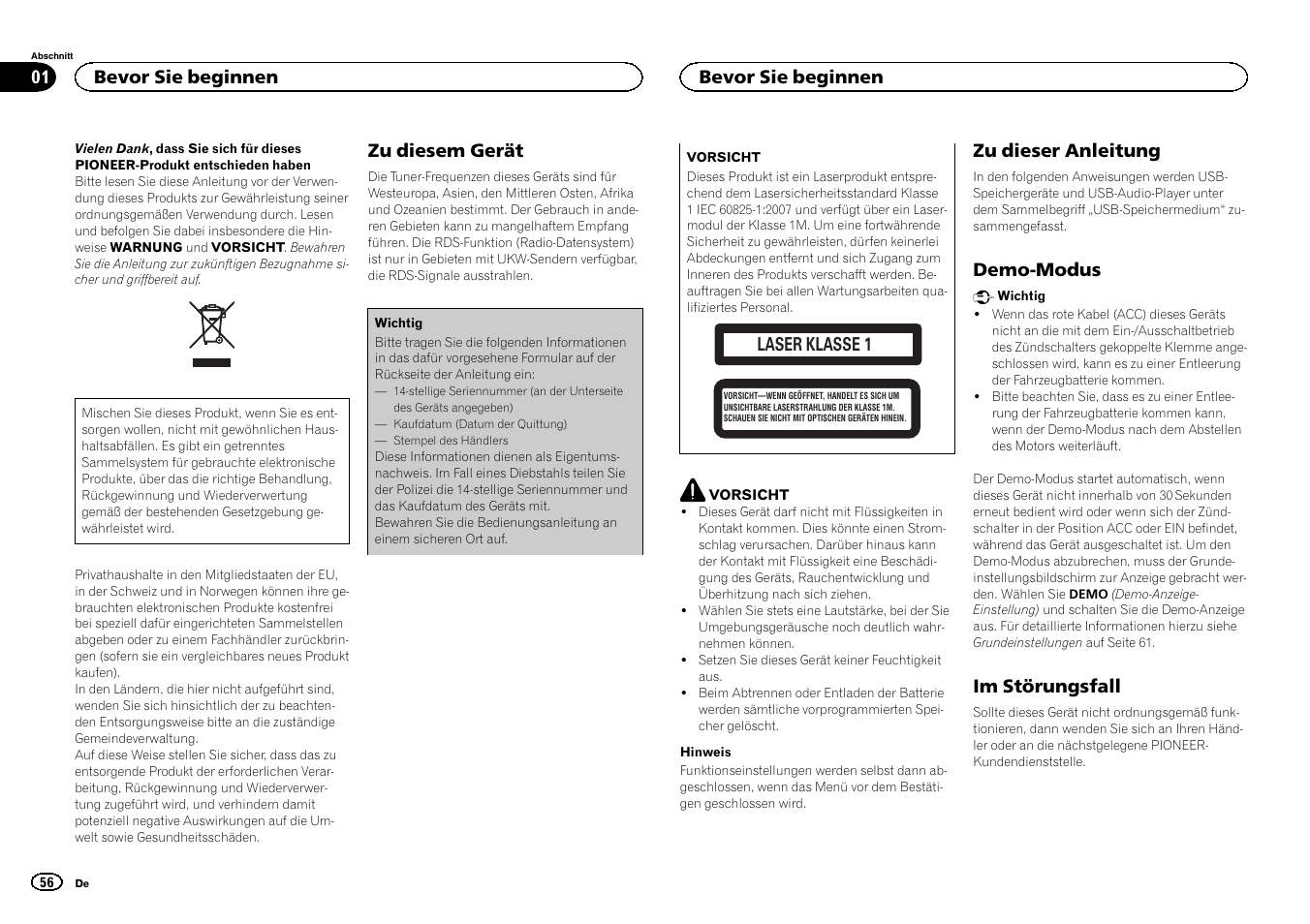 Zu diesem gerät, Laser klasse 1, Zu dieser anleitung | Demo-modus, Im störungsfall, Bevor sie beginnen | Pioneer DEH-141UB User Manual | Page 56 / 100