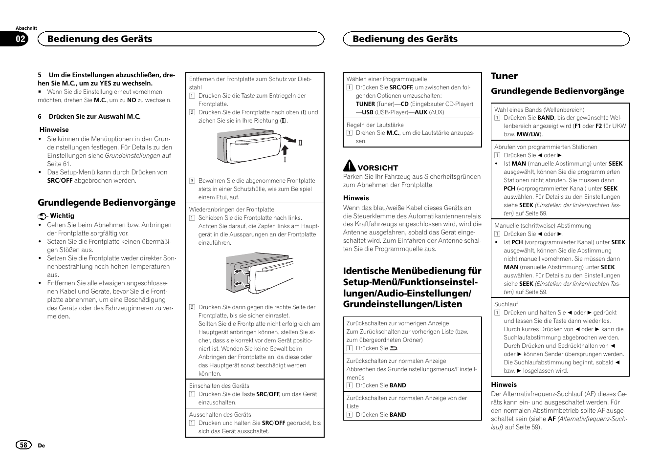 Grundlegende bedienvorgänge, Tuner, Bedienung des geräts | Pioneer DEH-141UB User Manual | Page 58 / 100