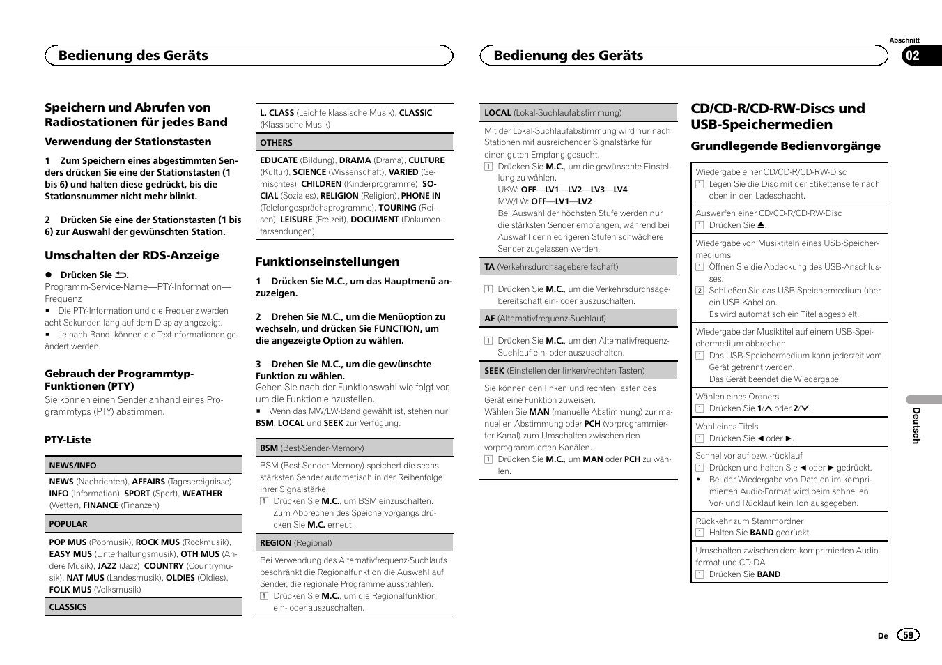 Seek (einstellen der linken/rechten tas, Ten) auf seite 59, Af (alternativfrequenz-such | Lauf) auf seite 59), Cd/cd-r/cd-rw-discs und usb-speichermedien, Bedienung des geräts | Pioneer DEH-141UB User Manual | Page 59 / 100