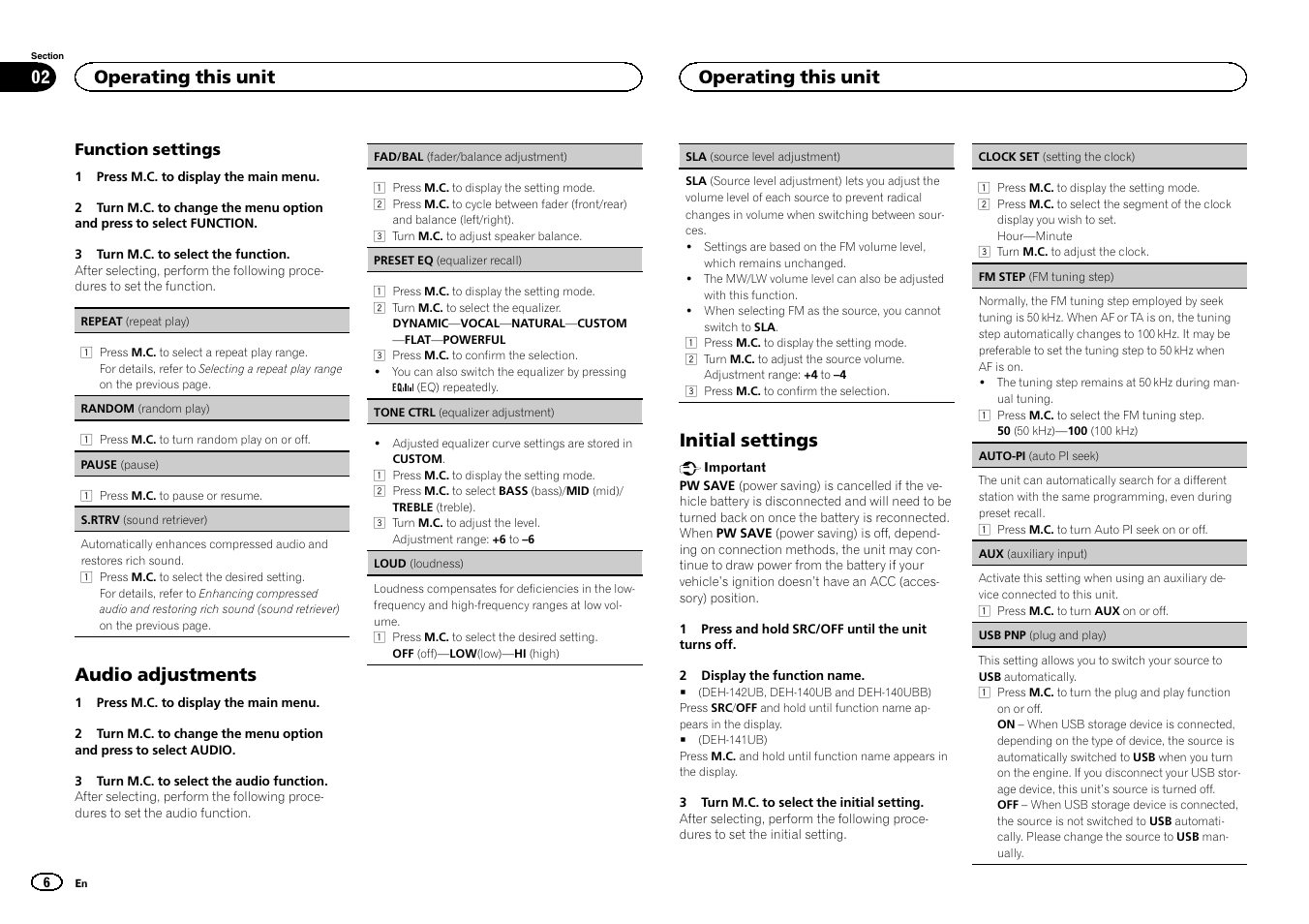 Audio adjustments, Initial settings, Operating this unit | Pioneer DEH-141UB User Manual | Page 6 / 100