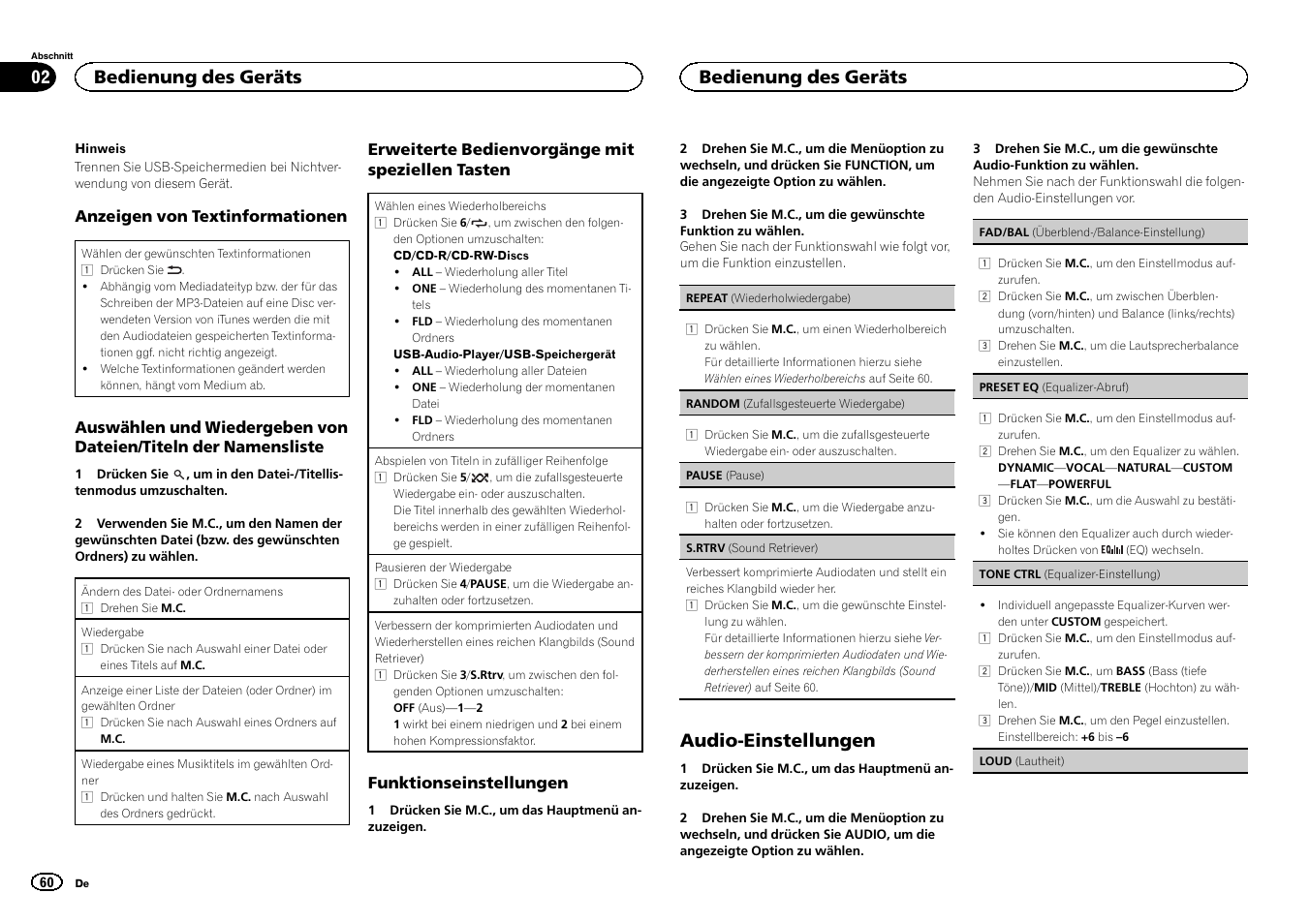 Audio-einstellungen, Bedienung des geräts | Pioneer DEH-141UB User Manual | Page 60 / 100