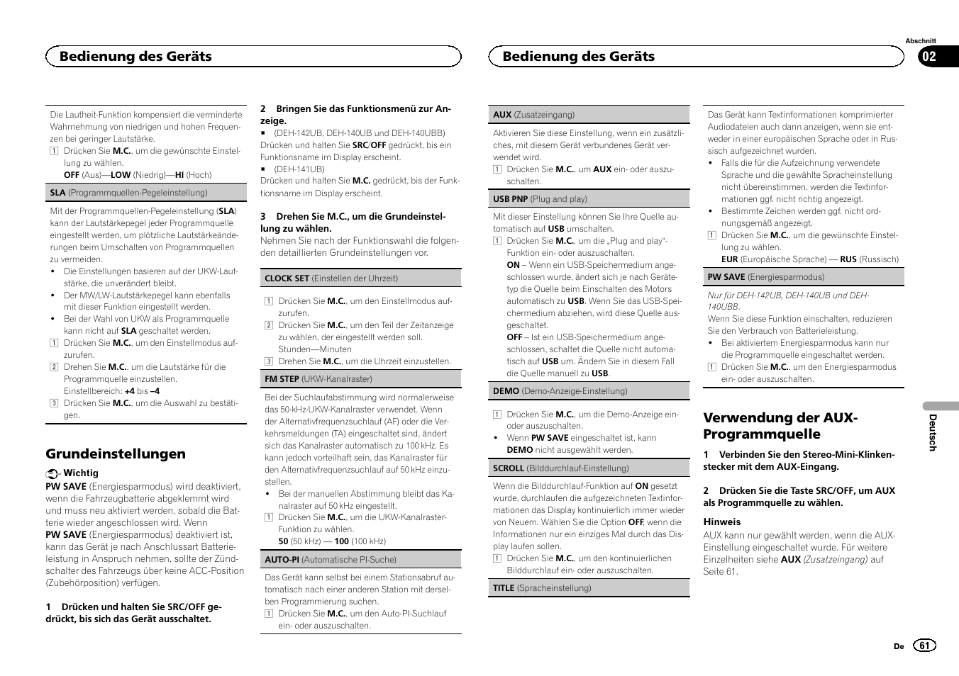 Grundeinstellungen auf seite 61, Grundeinstellungen, Verwendung der aux- programmquelle | Bedienung des geräts | Pioneer DEH-141UB User Manual | Page 61 / 100