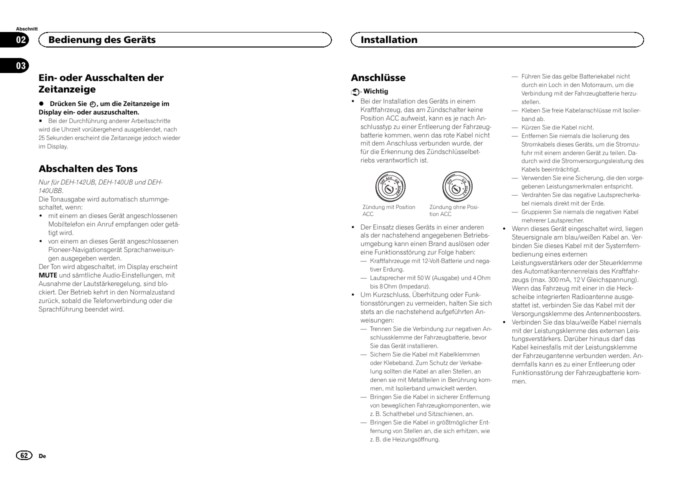 Ein- oder ausschalten der zeitanzeige, Abschalten des tons, Anschlüsse | Bedienung des geräts, Installation | Pioneer DEH-141UB User Manual | Page 62 / 100