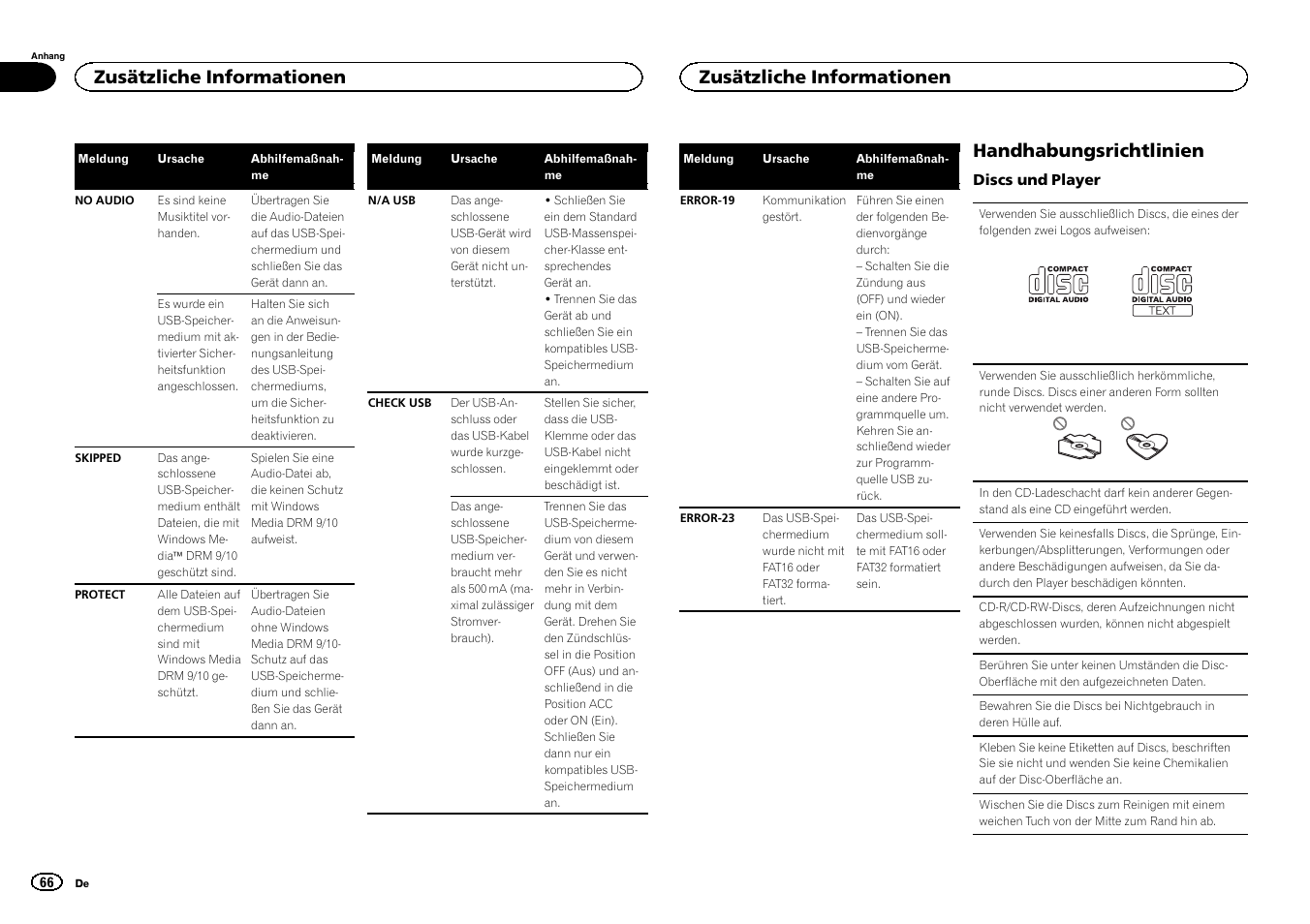 Handhabungsrichtlinien, Zusätzliche informationen | Pioneer DEH-141UB User Manual | Page 66 / 100