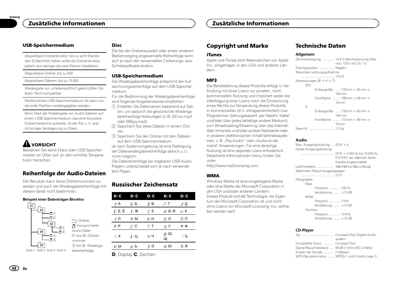 Reihenfolge der audio-dateien, Russischer zeichensatz, Copyright und marke | Technische daten, Zusätzliche informationen | Pioneer DEH-141UB User Manual | Page 68 / 100
