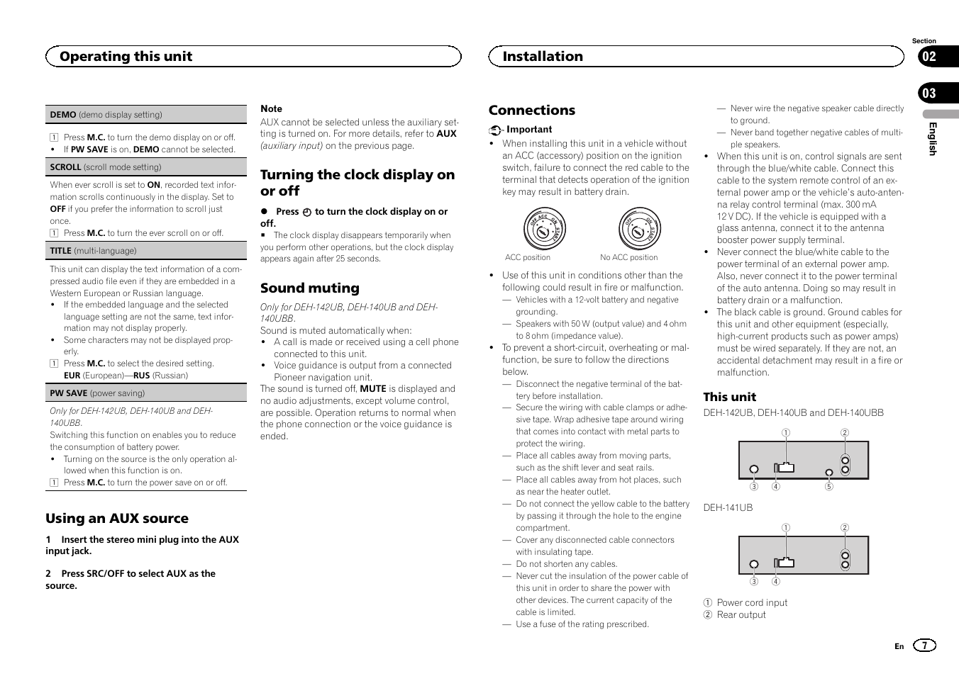 Using an aux source, Turning the clock display on or off, Sound muting | Connections, Operating this unit, Installation | Pioneer DEH-141UB User Manual | Page 7 / 100