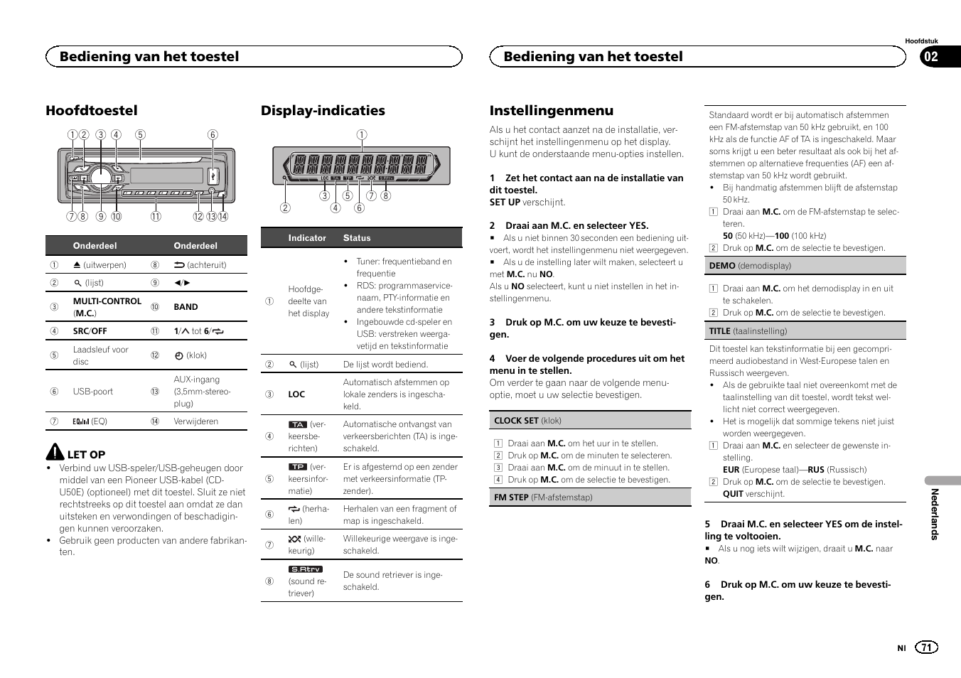Hoofdtoestel, Display-indicaties, Instellingenmenu | Bediening van het toestel | Pioneer DEH-141UB User Manual | Page 71 / 100