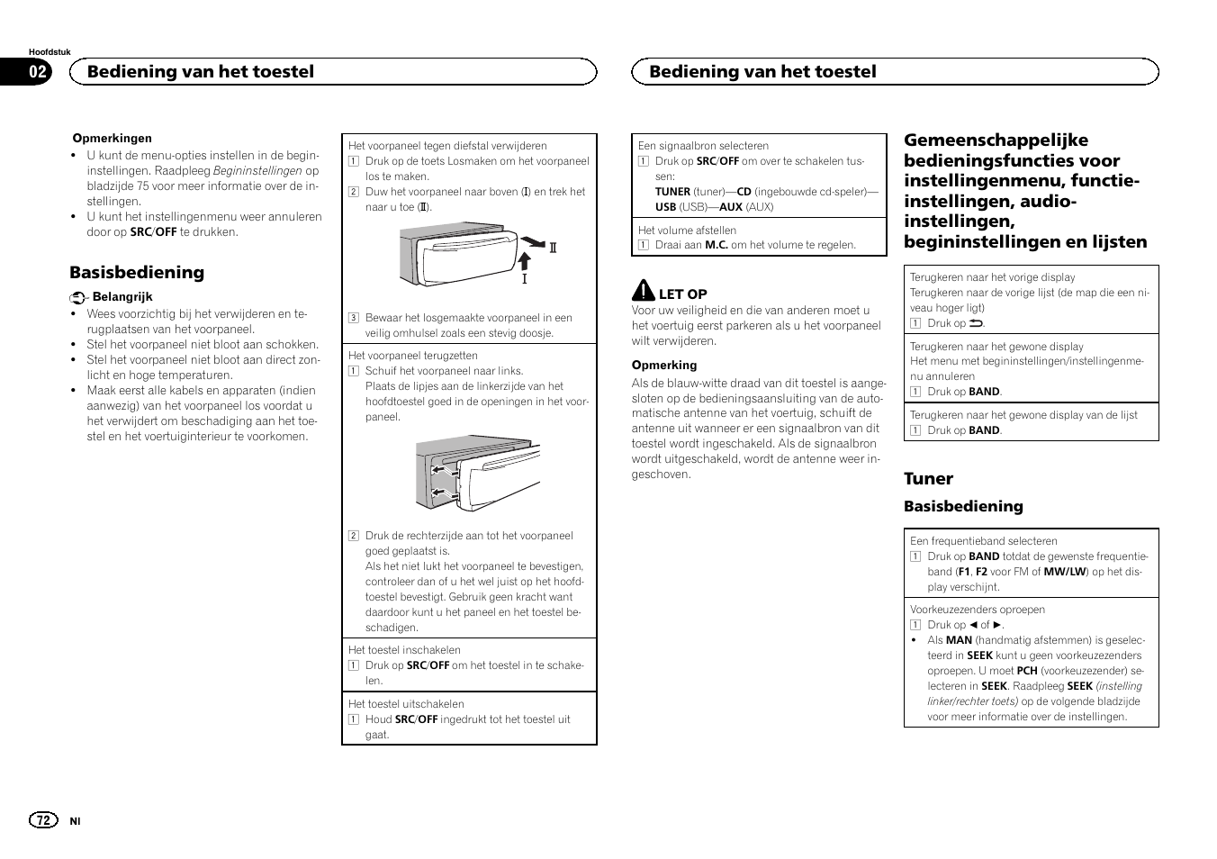 Basisbediening, Tuner, Bediening van het toestel | Pioneer DEH-141UB User Manual | Page 72 / 100