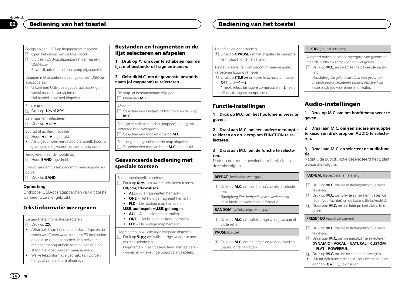 Audio-instellingen, Bediening van het toestel | Pioneer DEH-141UB User Manual | Page 74 / 100