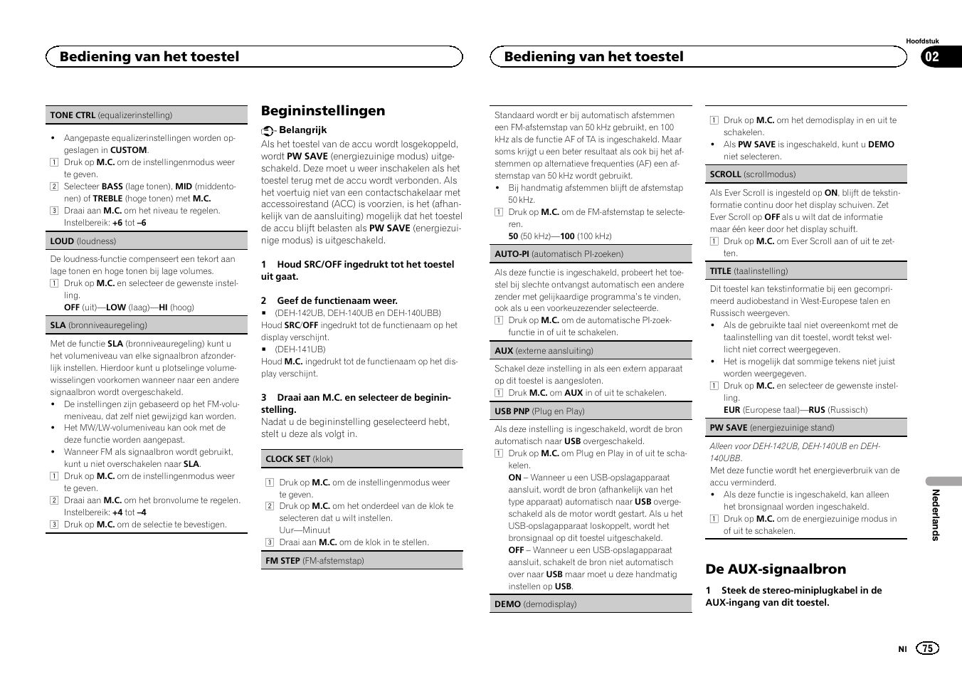 Begininstellingen, De aux-signaalbron, Bediening van het toestel | Pioneer DEH-141UB User Manual | Page 75 / 100