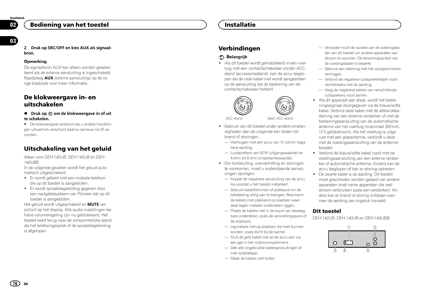 De klokweergave in- en uitschakelen, Uitschakeling van het geluid, Verbindingen | Bediening van het toestel, Installatie | Pioneer DEH-141UB User Manual | Page 76 / 100