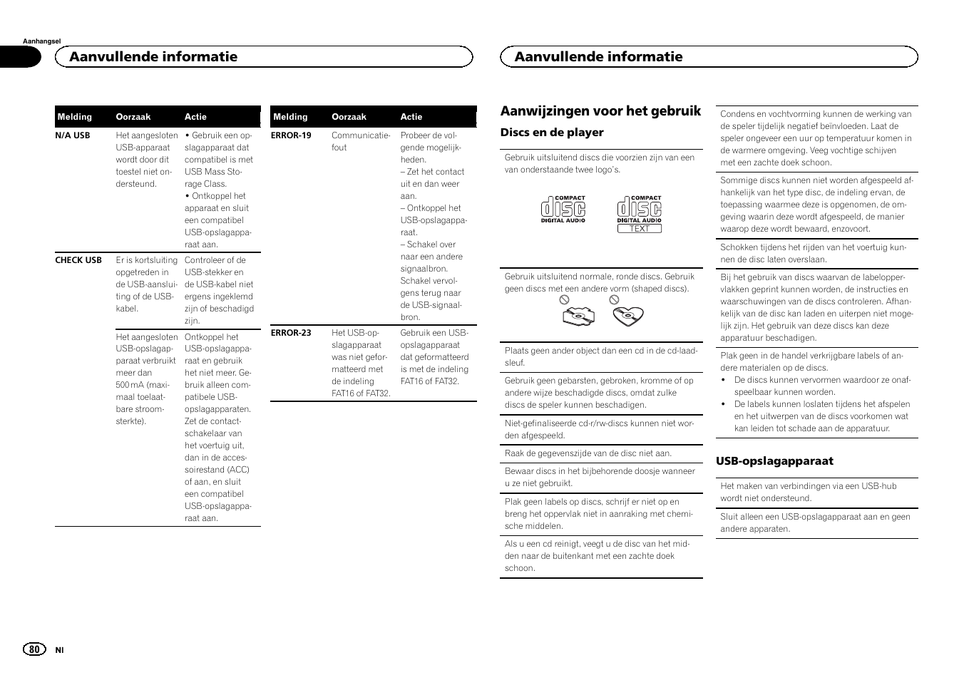 Aanwijzingen voor het gebruik, Aanvullende informatie | Pioneer DEH-141UB User Manual | Page 80 / 100
