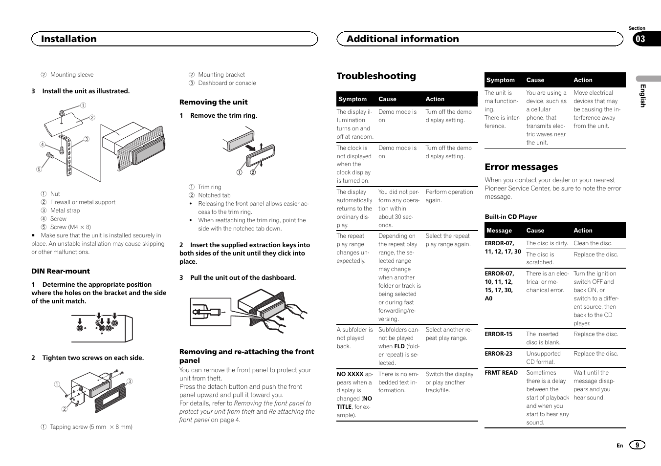 Troubleshooting, Error messages, Installation | Additional information | Pioneer DEH-141UB User Manual | Page 9 / 100