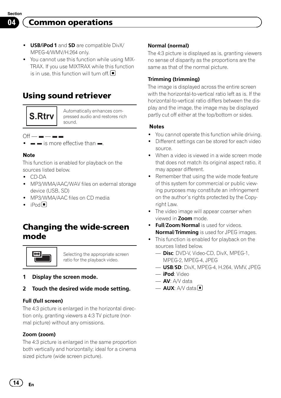 Using sound retriever, Changing the wide-screen mode, 04 common operations | Pioneer AVH-X8500BT User Manual | Page 14 / 100