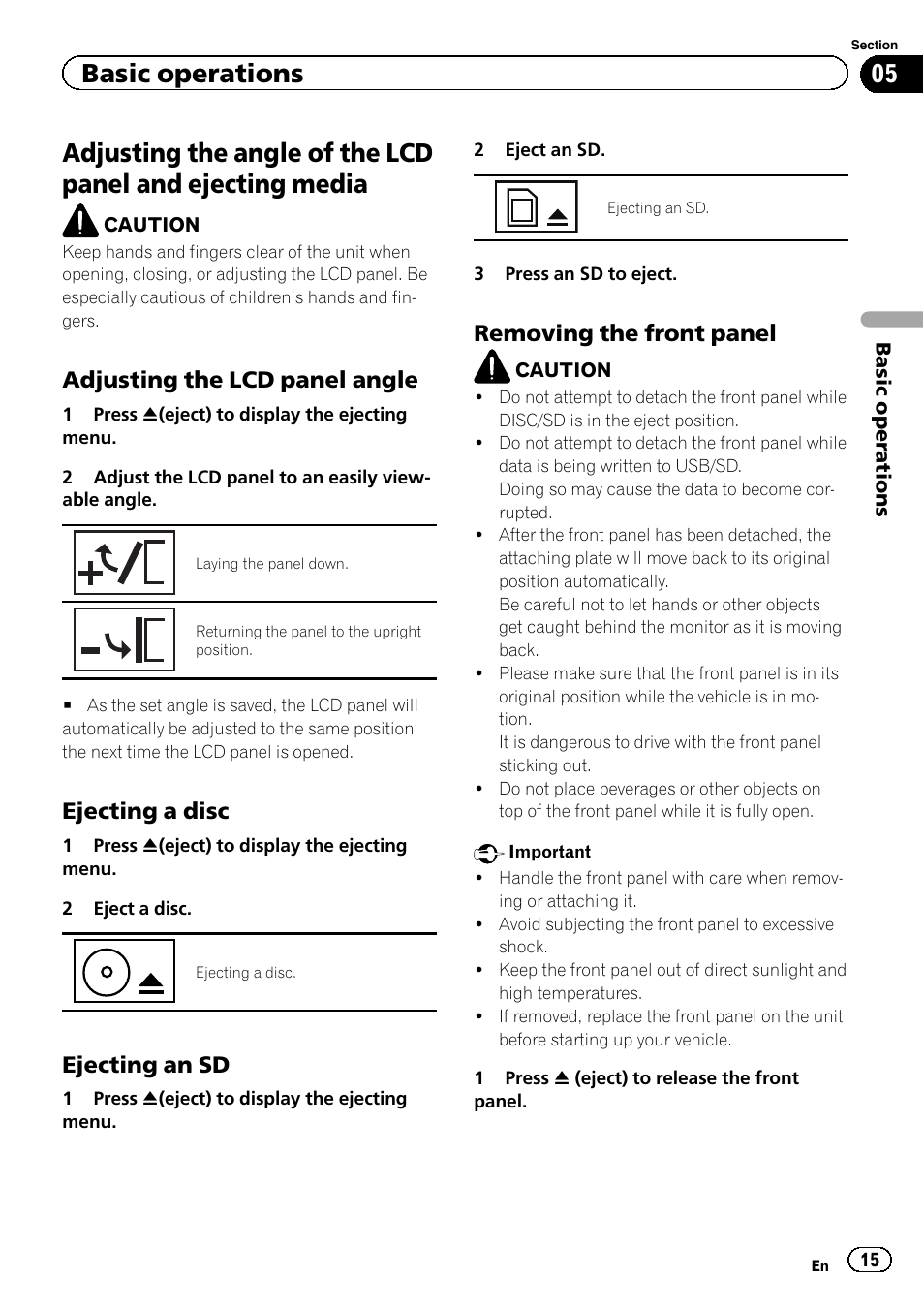 Ejecting media, Basic operations, Adjusting the lcd panel angle | Ejecting a disc, Ejecting an sd, Removing the front panel | Pioneer AVH-X8500BT User Manual | Page 15 / 100