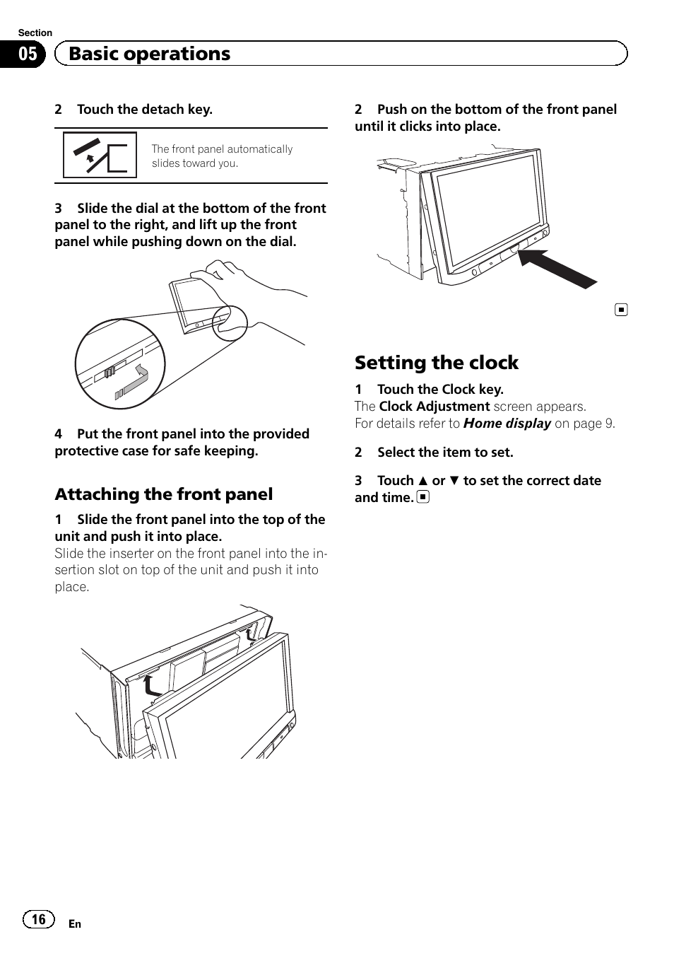 Setting the clock, 05 basic operations, Attaching the front panel | Pioneer AVH-X8500BT User Manual | Page 16 / 100