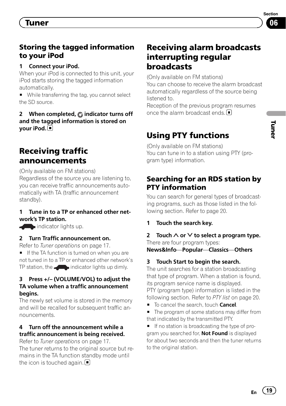 Receiving traffic announcements, Receiving alarm broadcasts interrupting, Regular broadcasts | Using pty functions, Tuner | Pioneer AVH-X8500BT User Manual | Page 19 / 100