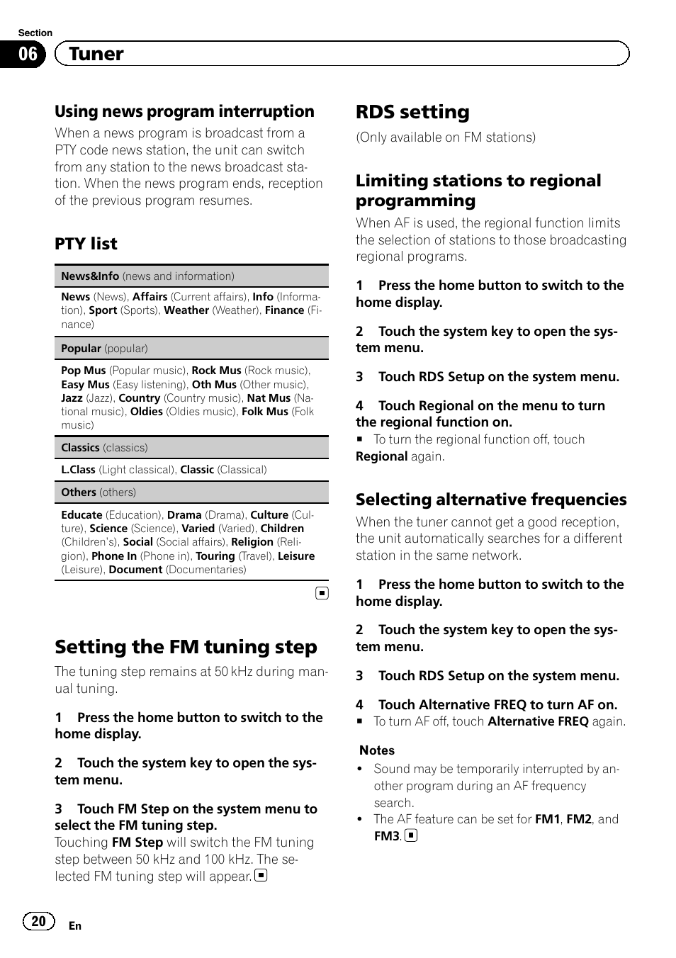 Setting the fm tuning step, Rds setting, 06 tuner | Using news program interruption, Pty list, Limiting stations to regional programming, Selecting alternative frequencies | Pioneer AVH-X8500BT User Manual | Page 20 / 100