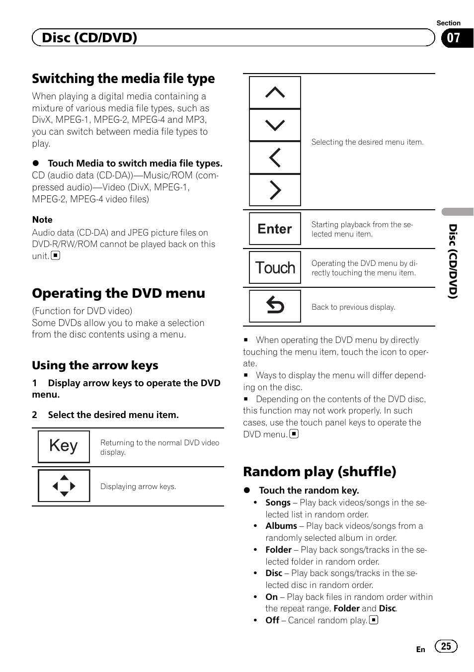 Switching the media file type, Operating the dvd menu, Random play (shuffle) | Disc (cd/dvd), Using the arrow keys | Pioneer AVH-X8500BT User Manual | Page 25 / 100