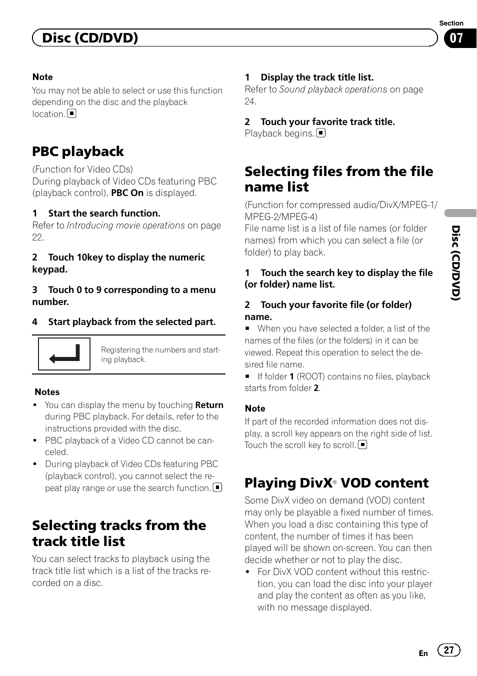 Pbc playback, Selecting tracks from the track title list, Selecting files from the file name list | Playing divx, Â vod content 27, Vod content, Disc (cd/dvd) | Pioneer AVH-X8500BT User Manual | Page 27 / 100