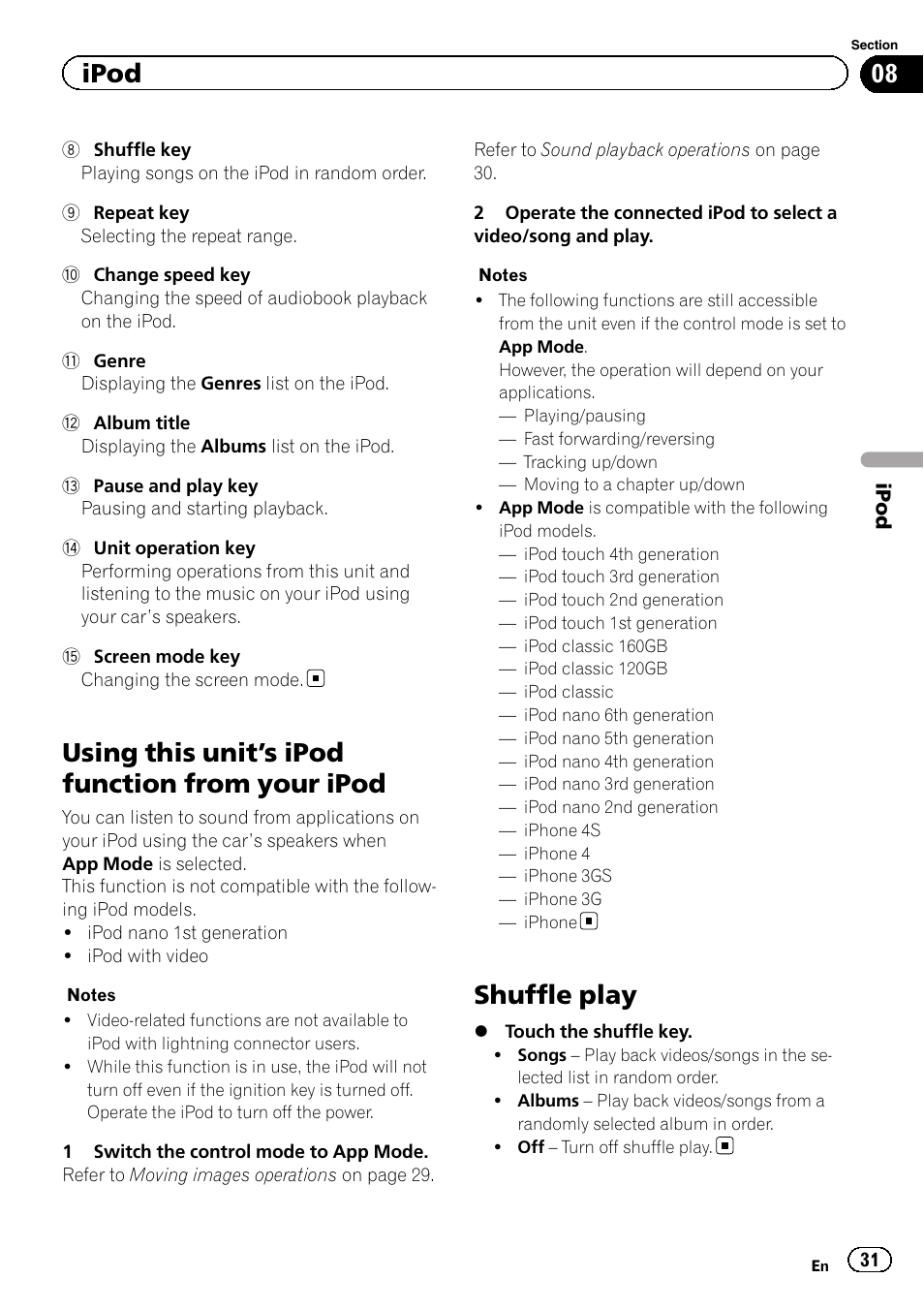 Using this unit, S ipod function from your, Ipod | Shuffle play, Using this unit ’s ipod function from your ipod | Pioneer AVH-X8500BT User Manual | Page 31 / 100