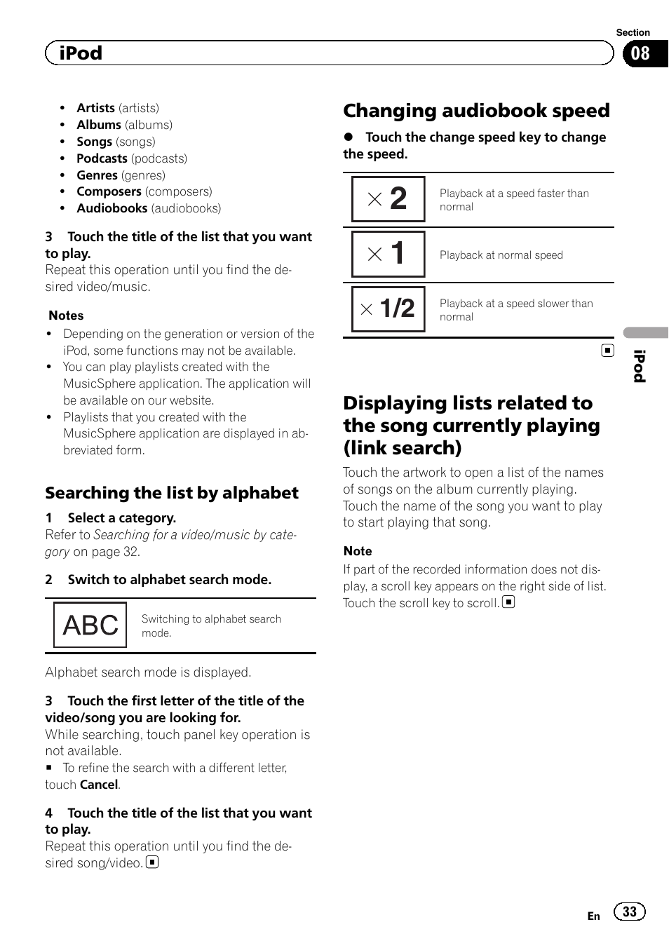 Changing audiobook speed, Displaying lists related to the song currently, Playing (link search) | Ipod | Pioneer AVH-X8500BT User Manual | Page 33 / 100