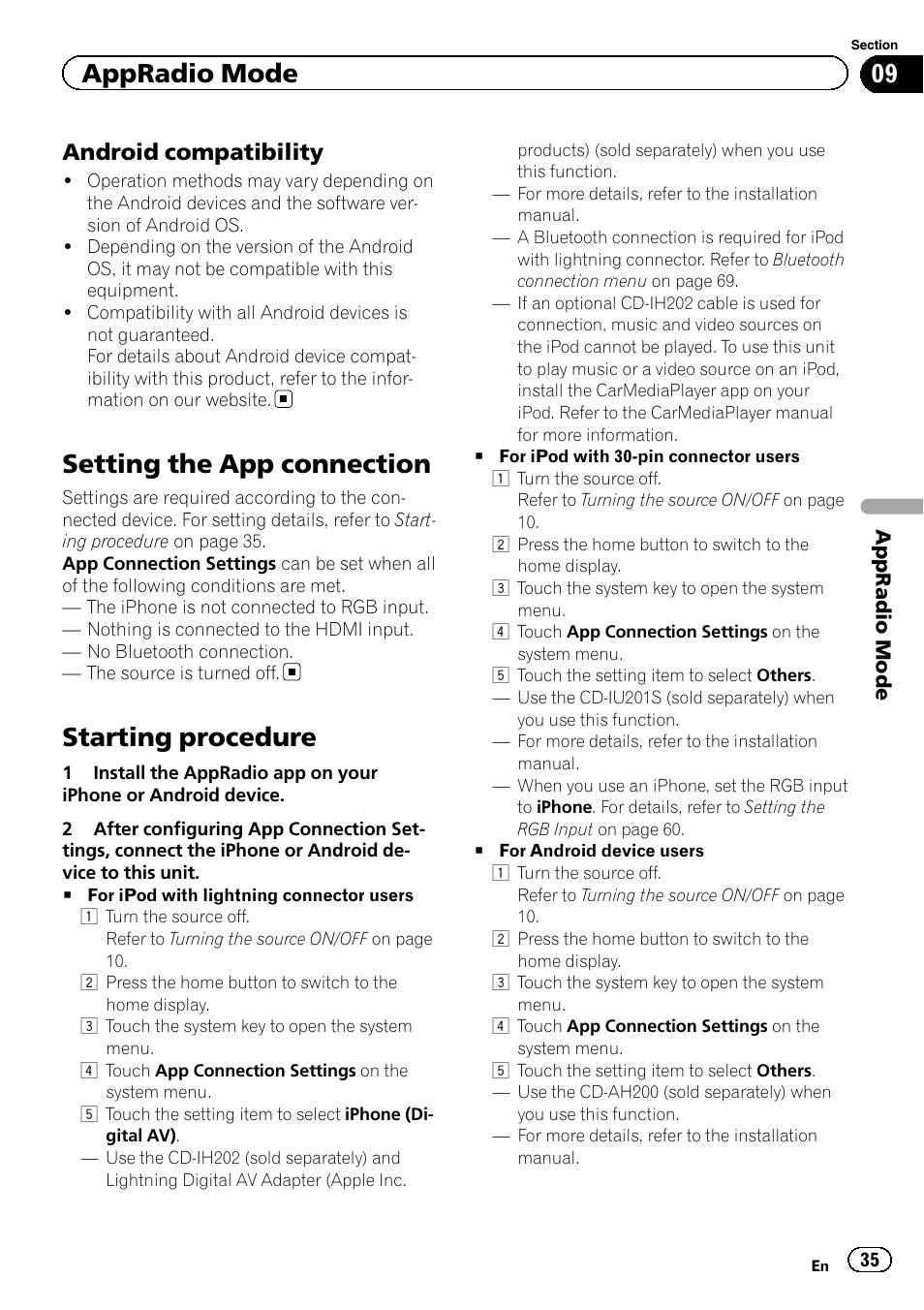 Setting the app connection, Starting procedure, Appradio mode | Android compatibility | Pioneer AVH-X8500BT User Manual | Page 35 / 100