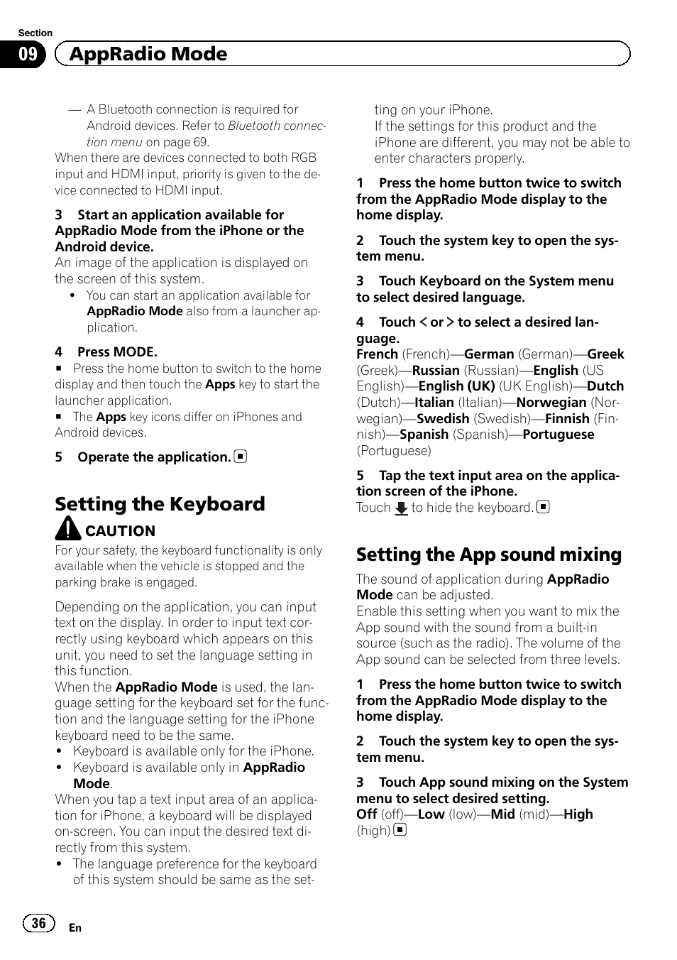 Setting the keyboard, Setting the app sound mixing, 09 appradio mode | Pioneer AVH-X8500BT User Manual | Page 36 / 100