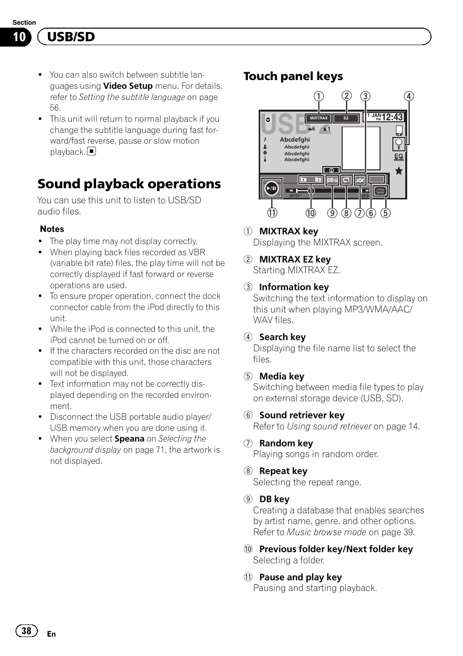 Sound playback operations, Usb 2, 10 usb/sd | Touch panel keys | Pioneer AVH-X8500BT User Manual | Page 38 / 100