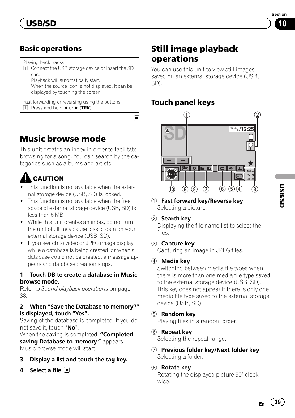 Music browse mode, Still image playback operations, Usb/sd | Basic operations, Touch panel keys | Pioneer AVH-X8500BT User Manual | Page 39 / 100