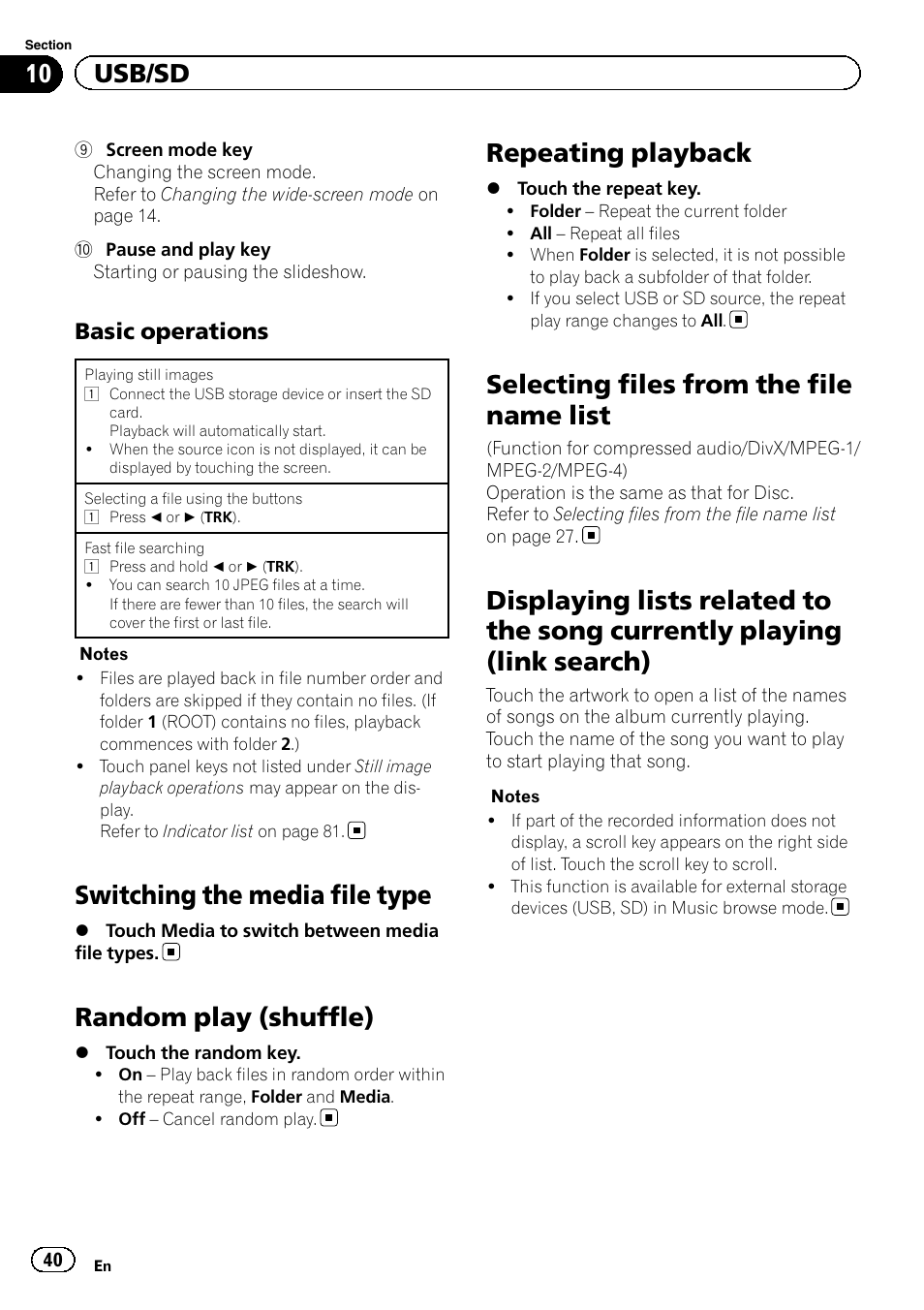 Switching the media file type, Random play (shuffle), Repeating playback | Selecting files from the file name list, Displaying lists related to the song currently, Playing (link search), 10 usb/sd, Basic operations | Pioneer AVH-X8500BT User Manual | Page 40 / 100