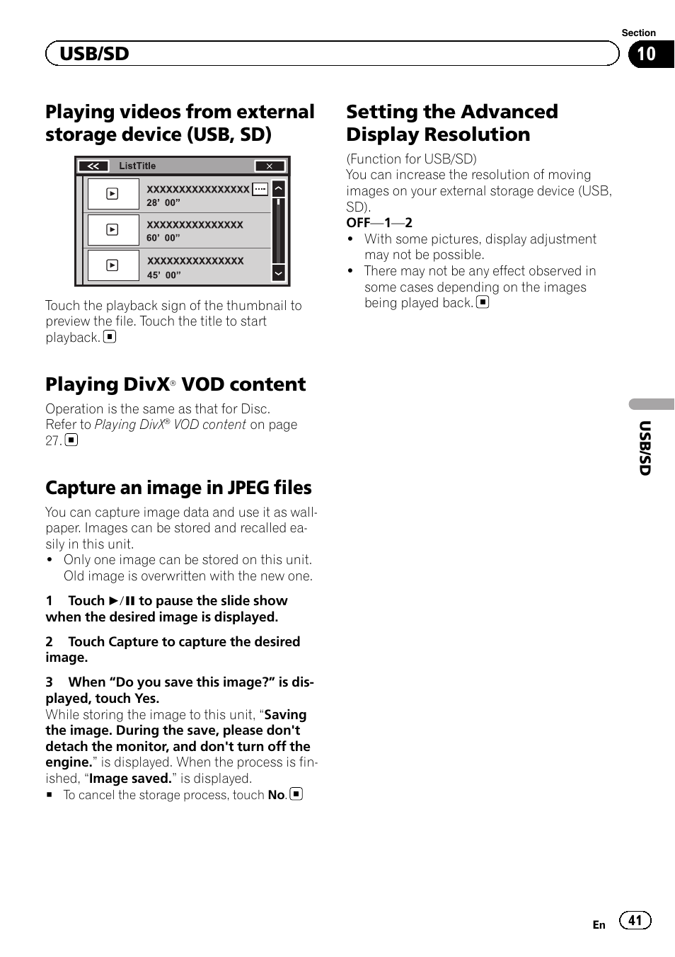 Playing videos from external storage device, Usb, sd), Playing divx | Â vod content 41, Capture an image in jpeg files, Setting the advanced display resolution, Vod content, Usb/sd | Pioneer AVH-X8500BT User Manual | Page 41 / 100